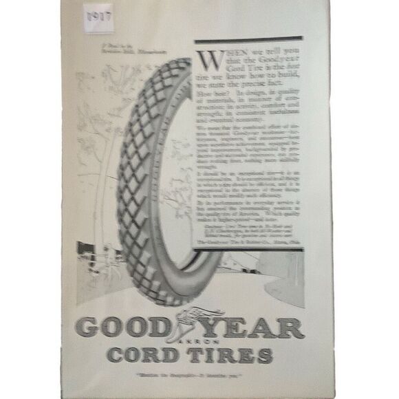 Vintage 1917 GoodYear Akron Cord Tires Ad Advertisement - Picture 1 of 4